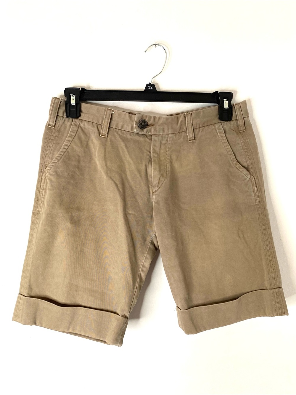 Replay Khaki Beige Bermuda Chino Shorts Embroidered Logo Cuffed 100% Cotton